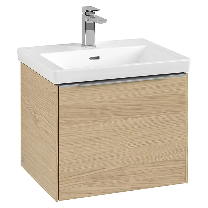 Villeroy & Boch Subway 3.0 Waschbeckenunterschrank - Nordik Oak, Anzahl Schubladen: 1 Stk., Farbe Griff: Aluminium glänzend, B x T x H: 52,3 x 44,8 x 42,9 cm - Waschtischunterschrank aus Holz mit modernem Waschbecken und chromfarbener Armatur. Elegantes Design für das Badezimmer.