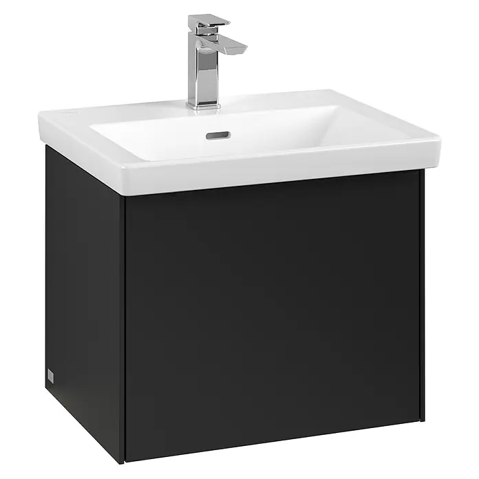 Villeroy & Boch Subway 3.0 Waschbeckenunterschrank - Volcano Black, Anzahl Schubladen: 1 Stk., Farbe Griff: Volcano Black, B x T x H: 52,3 x 44,8 x 42,9 cm, Mit Beleuchtung - Dieses Bild zeigt einen modernen Waschtisch mit einer eleganten, weißen Keramikspüle und einem schwarzen Unterschrank.