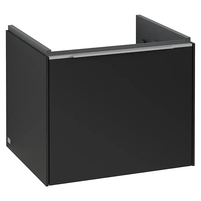 Villeroy & Boch Subway 3.0 Waschbeckenunterschrank - Volcano Black, Anzahl Schubladen: 1 Stk., Farbe Griff: Aluminium glänzend, B x T x H: 52,3 x 44,8 x 42,9 cm, Mit Beleuchtung - Abbildung eines modernen, schwarzen Badezimmerunterschranks mit minimalistischem Design und klaren Linien.