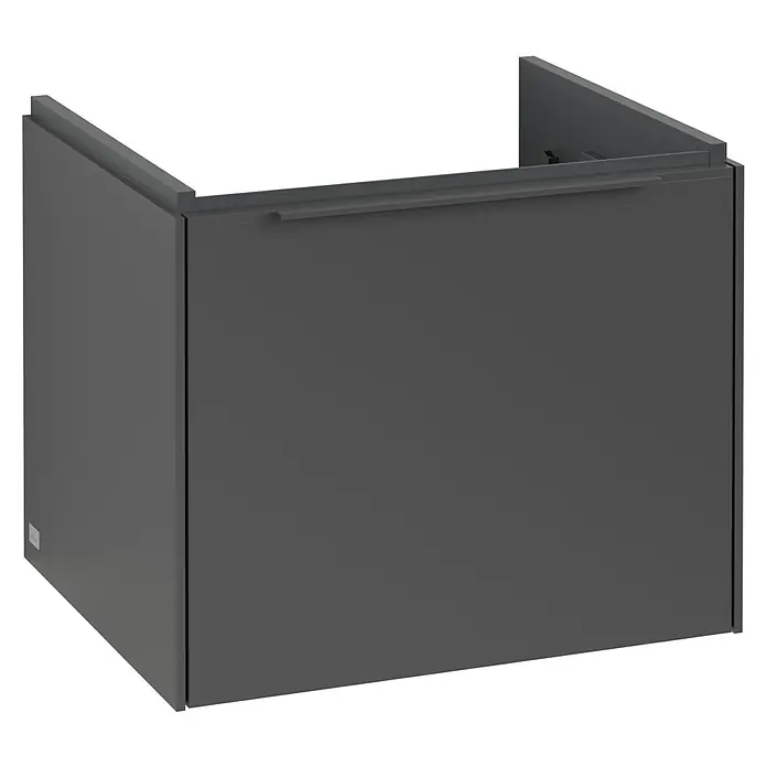 Villeroy & Boch Subway 3.0 Waschbeckenunterschrank - Graphite, Anzahl Schubladen: 1 Stk., Farbe Griff: Monochrom, B x T x H: 52,3 x 44,8 x 42,9 cm, Mit Beleuchtung - Ein modernes, graues Möbelstück mit klaren Linien und minimalistischem Design, ideal für Badezimmer oder ähnliche Räume.