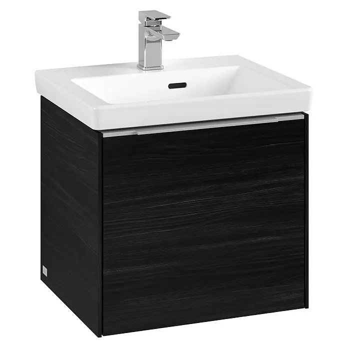 Villeroy & Boch Subway 3.0 Waschbeckenunterschrank - Black Oak, Anzahl Schubladen: 1 Stk., Farbe Griff: Aluminium glänzend, B x T x H: 47,3 x 40,8 x 42,9 cm - Modernes Badezimmer Waschbecken mit dunklem Holzunterschrank und Armatur. Ideal für stilvolle Badezimmerdesigns.