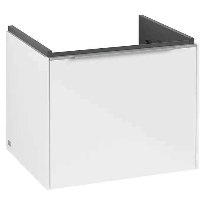 Villeroy & Boch Subway 3.0 Waschbeckenunterschrank - Brilliant White, Anzahl Schubladen: 1 Stk., Farbe Griff: Aluminium glänzend, B x T x H: 52,3 x 44,8 x 42,9 cm, Mit Beleuchtung - Nahaufnahme eines modernen weißen Waschtischunterschranks mit grauem Rahmen, ideal für stilvolle Badezimmer.