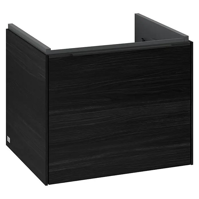 Villeroy & Boch Subway 3.0 Waschbeckenunterschrank - Black Oak, Anzahl Schubladen: 1 Stk., Farbe Griff: Volcano Black, B x T x H: 52,3 x 44,8 x 42,9 cm - Abbildung eines modernen Waschtischunterschranks mit einer stilvollen, dunklen Holzstruktur, ideal für jedes Badezimmerdesign.