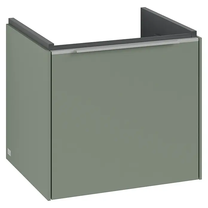 Villeroy & Boch Subway 3.0 Waschbeckenunterschrank - Soft Green, Anzahl Schubladen: 1 Stk., Farbe Griff: Aluminium glänzend, B x T x H: 47,3 x 40,8 x 42,9 cm - Dieses Bild zeigt einen modernen Unterschrank in einem sanften Grünton mit einem eleganten, minimalistischen Design.