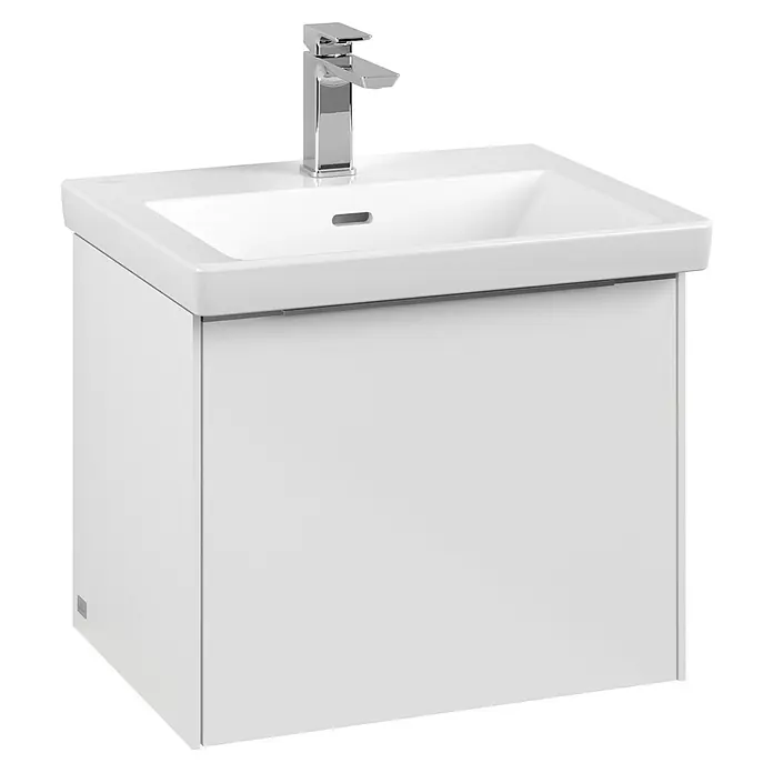 Villeroy & Boch Subway 3.0 Waschbeckenunterschrank - Brilliant White, Anzahl Schubladen: 1 Stk., Farbe Griff: Aluminium glänzend, B x T x H: 52,3 x 44,8 x 42,9 cm, Mit Beleuchtung - Das Bild zeigt einen modernen weißen Waschtisch mit einer glänzenden Armatur. Das schlichte Design passt gut in moderne Badezimmer.