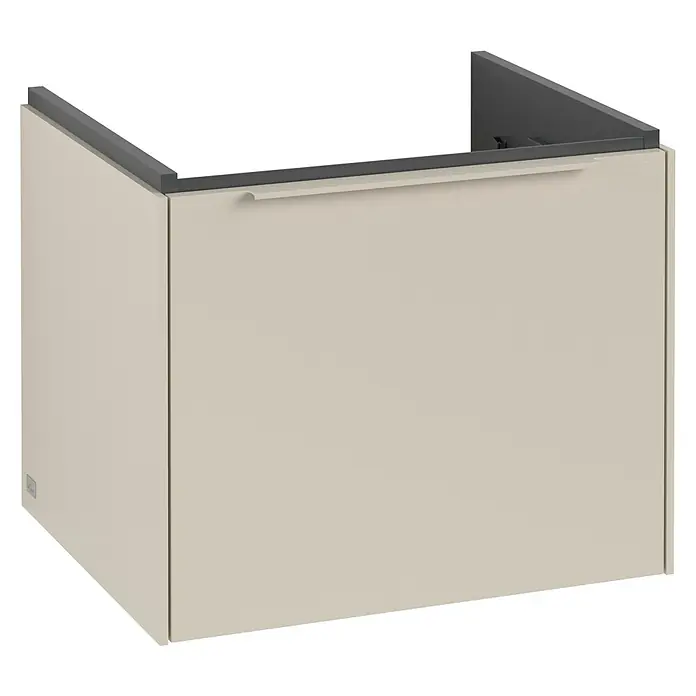Villeroy & Boch Subway 3.0 Waschbeckenunterschrank - Cashmere Grey, Anzahl Schubladen: 1 Stk., Farbe Griff: Monochrom, B x T x H: 52,3 x 44,8 x 42,9 cm, Mit Beleuchtung - Ein cremefarbener Unterschrank mit dunkelgrauer Abdeckung, ideal für Badezimmer oder Küche, bietet stilvollen Stauraum und eine moderne Optik.