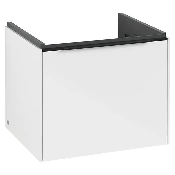 Villeroy & Boch Subway 3.0 Waschbeckenunterschrank - Brilliant White, Anzahl Schubladen: 1 Stk., Farbe Griff: Volcano Black, B x T x H: 52,3 x 44,8 x 42,9 cm, Mit Beleuchtung - Das Bild zeigt einen weißen Waschtischunterschrank mit einer dunklen Abdeckung. Das Möbelstück ist modern und minimalistisch gestaltet.