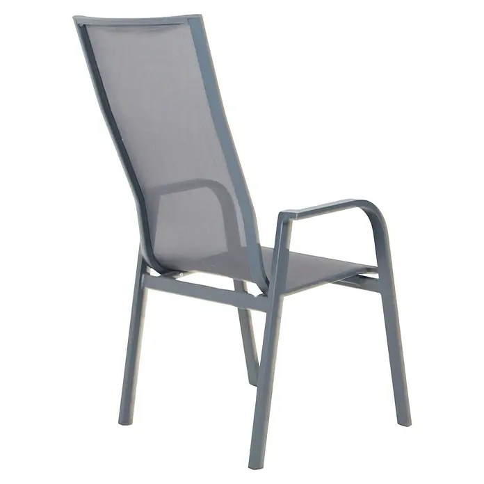 Bonlay Stapelsessel Nova - 4 Stk., Aluminium/Textilene, Anthrazit, B x T x H: 60 x 69 x 110 cm - Ansicht eines grauen Gartenstuhls mit Armlehnen und Netzrückenlehne. Ideal für entspannte Stunden im Freien.