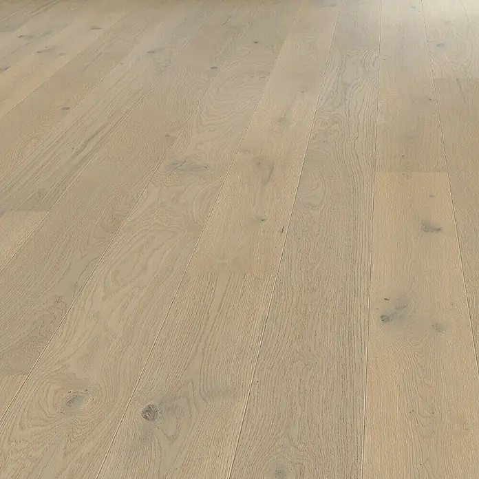 Living by Haro Parkettmuster Eiche Grey strukturiert Naturöl - 290 x 180 x 12 mm, Landhausdiele - Nahaufnahme von hellem Holzboden, der eine warme und natürliche Textur zeigt. Perfekt für moderne und klassische Inneneinrichtungen.