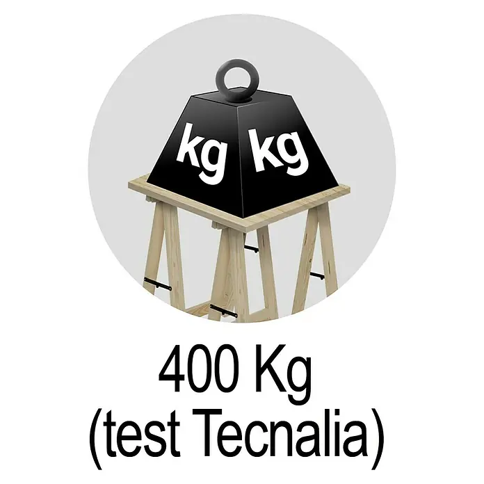 Astigarraga Caballete plegable de madera plegable - Peso máximo admitido: 400 kg, Altura: 75 cm, Pino - Ilustración de un peso de 400 kg sobre una mesa, enfatizando la capacidad de carga y estabilidad del producto.