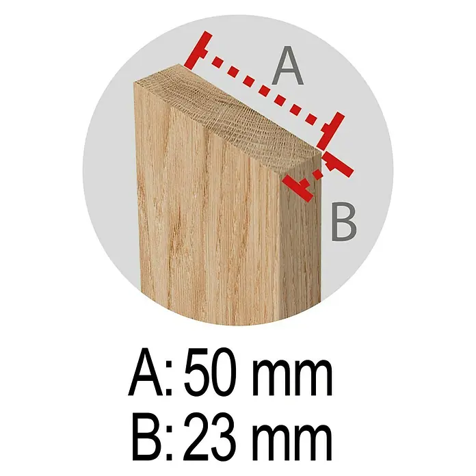 Astigarraga Caballete plegable de madera plegable - Peso máximo admitido: 400 kg, Altura: 75 cm, Pino - Vista del producto de un trozo de madera cortado diagonalmente con dimensiones. La longitud (A) es de 50 mm, el ancho (B) es de 23 mm.