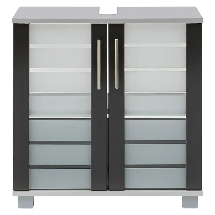Schildmeyer Niko Waschtischunterschrank - B x T x H: 62,5 x 32,5 x 65 cm, Silber/Anthrazit - Modernes Badezimmer-Waschbecken mit grauem Schrank, schwarzen Akzenten und satinierten Glastüren für stilvolle Aufbewahrung.
