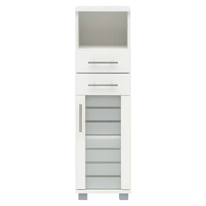 Schildmeyer Niko Highboard HBA300 - 30 x 32,5 x 110,5 cm, Perlweiß - Dieses Bild zeigt einen weißen Badezimmerschrank mit zwei Schubladen, einem offenen Fach und einer Schranktür mit horizontalen Akzenten.