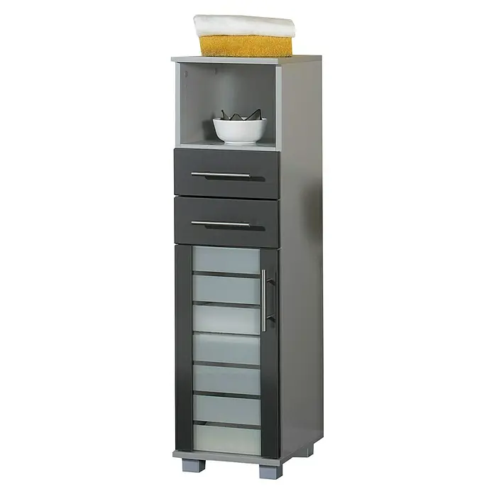 Schildmeyer Niko Highboard HBA300 - 30 x 32,5 x 110,5 cm, Silber/Anthrazit - Schmaler Badezimmerschrank in Grau mit zwei Schubladen und einer Tür mit satiniertem Glas, ideal für mehr Stauraum im Bad.