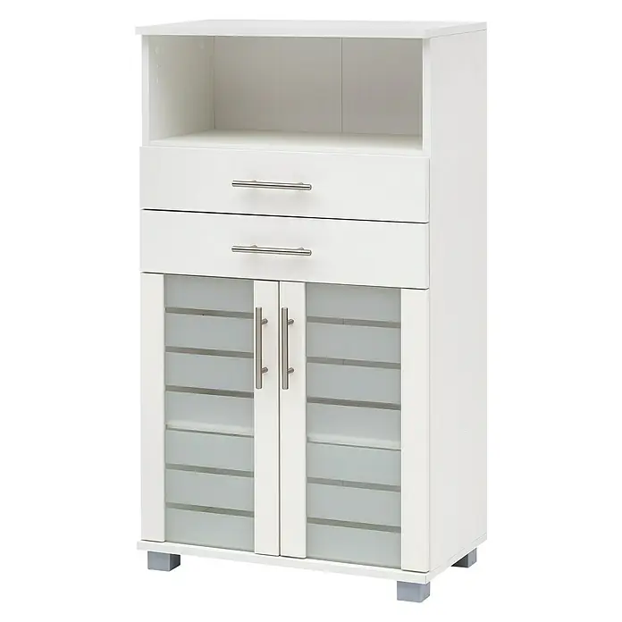 Schildmeyer Niko Highboard - B x T x H: 60 x 32,6 x 110,5 cm, Perlweiß - Weißer Küchenschrank mit zwei Schubladen, Glasschiebetüren und offenem Stauraum für stilvolle Küchenaufbewahrung.