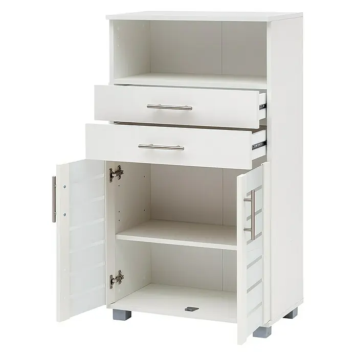 Schildmeyer Niko Highboard - B x T x H: 60 x 32,6 x 110,5 cm, Perlweiß - Weißer Badezimmerschrank mit zwei Schubladen, Ablagefächern und einer Tür, ideal zur Aufbewahrung von Badutensilien.