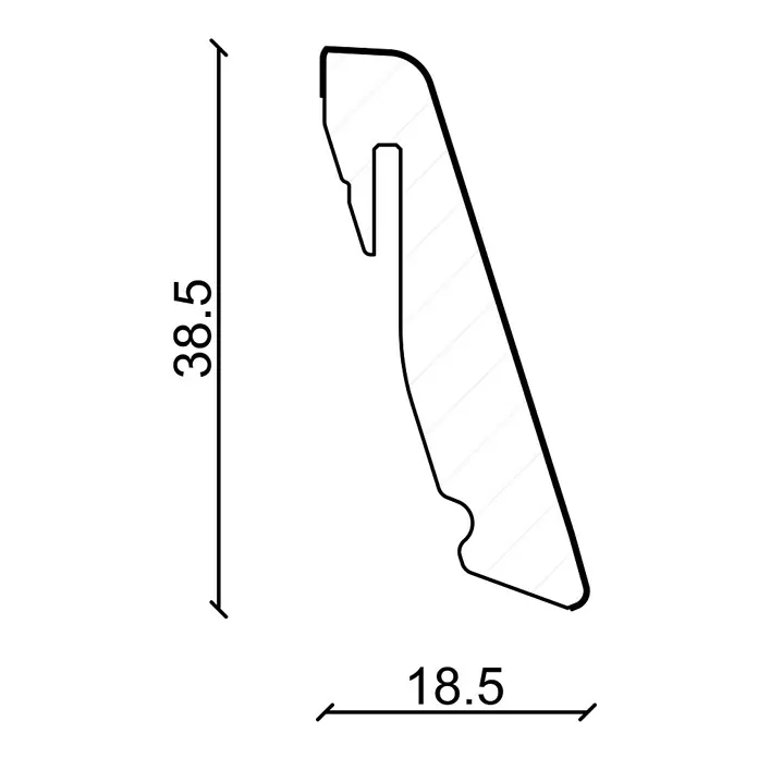 Profiles and more Sockelleiste FU147H Fjells Eiche - 240 cm x 18,5 mm x 38,5 mm, MDF - Abbildung eines weißen Profils mit den Maßen 38,5 mm Höhe und 18,5 mm Breite, die die Produktdimensionen hervorheben.
