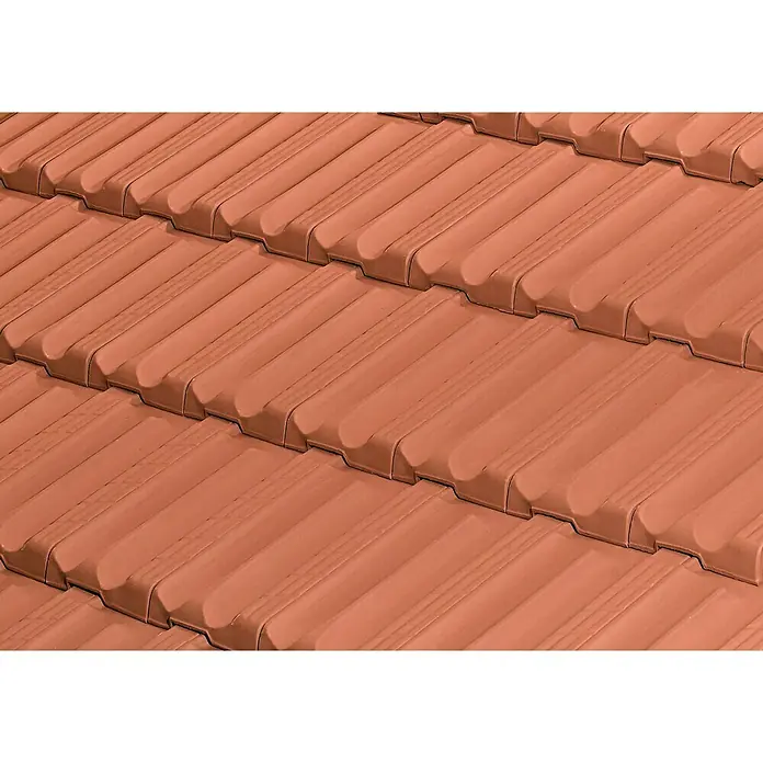 BHS Madrid Teja plana - 43 x 25,2 cm, Terracota - Primer plano de tejas de terracota, que muestra un material de techo clásico y duradero. Ideal para la arquitectura tradicional.