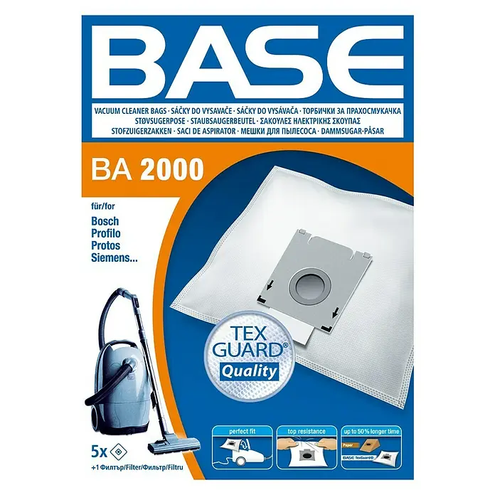 Base Staubsaugerbeutel BA 2000 - 5 Stk., Passend für: Staubsauger von Bosch/Profilo/Protos - Staubsaugerbeutel BASE BA 2000 für Bosch, Profilo, Protos und Siemens Staubsauger, 5 Stück + 1 Filter für eine optimale Saugleistung.