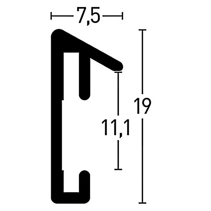 Nielsen Alurahmen Pixel - 15 x 20 cm, Gold - Abbildung eines Profils mit den Maßen 7,5 und 19, sowie einer Teillänge von 11,1.