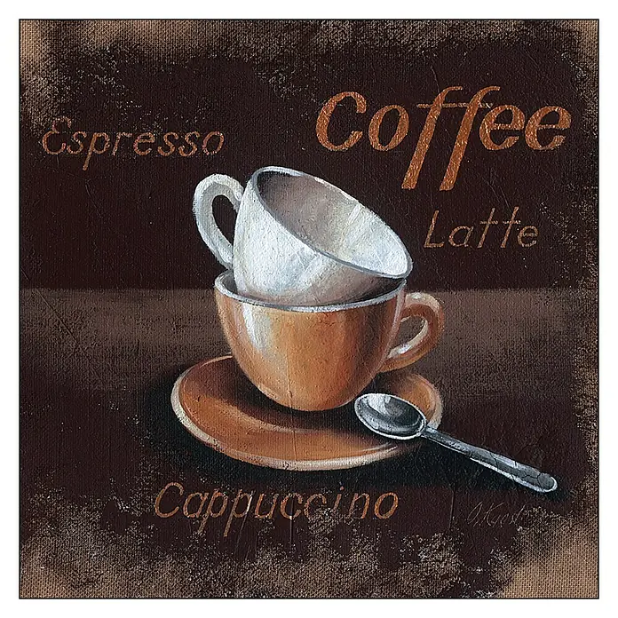 ProArt Leinwandbild - Kitchenscenery I, B x H: 50 x 50 cm - Illustration eines Kaffee-Stilllebens mit Tassen und Kaffeesorten in warmen Brauntönen, die ein gemütliches Kaffeehausambiente vermitteln.