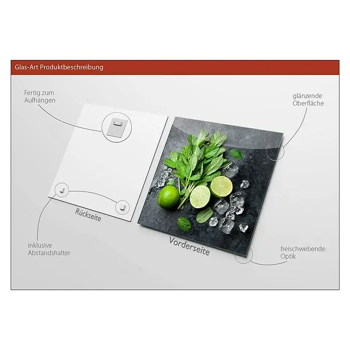 ProArt Glasbild - Lime & Ice Cube, B x H: 20 x 20 cm - Glas-Art Produktbeschreibung mit Details zu Aufhängung, glänzender Oberfläche, Abstandshalter und freischwebender Optik des Produkts.