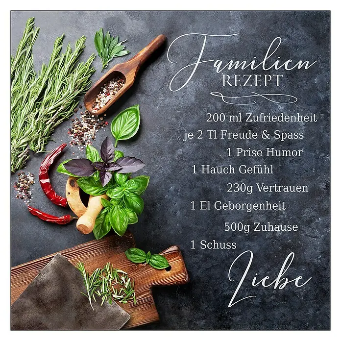 ProArt Glasbild - Kochkreation III, B x H: 30 x 30 cm - Rezeptbild mit frischen Kräutern, Gewürzen und den Zutaten für ein Familienrezept, das Glück und Liebe verspricht.