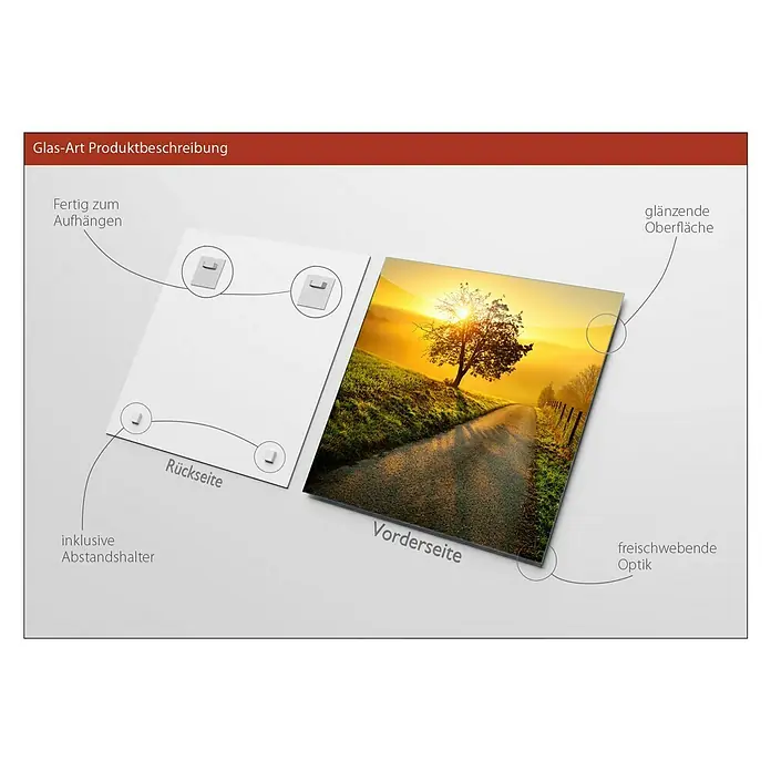 ProArt Glasbild - Way to Horizon, B x H: 50 x 50 cm - Produktbeschreibung für ein Glasbild mit Montageelementen und einer glänzenden Oberfläche, das ein Landschaftsmotiv mit Baum zeigt.