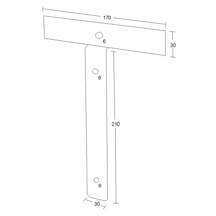 WMT Eindrehhalterung für Hinweisschilder - Anthrazit - T-förmiges Produkt mit den Maßen 170 x 30 und 210 x 30 mm und drei Löchern von 6 mm Durchmesser.