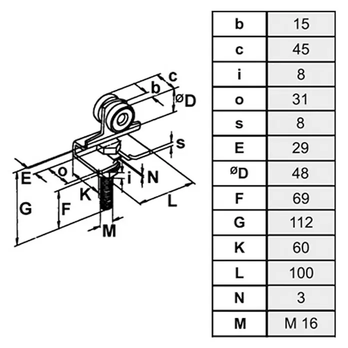 HBS Betz Rollapparat Typ 40 - Einpaarig, Traglast: 100 kg, Länge: 134 mm - Technische Zeichnung eines Rollenbockes mit Maßen. Die zugehörige Tabelle enthält alle relevanten Abmessungen für die Konstruktion.