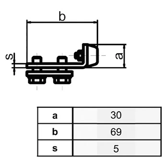 HBS Betz Schienenstopper Typ 40 - Stahl, Länge: 6,9 cm - Technische Zeichnung einer L-förmigen Halterung mit den Maßen a=30, b=69 und s=5.