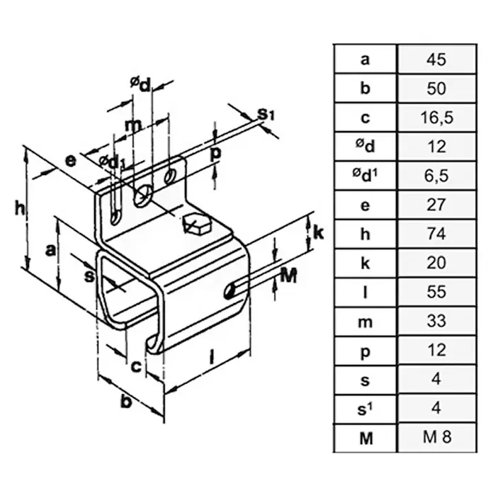 HBS Betz Wandmuffe Typ 30 - Stahl, Länge: 55 mm - Technische Zeichnung einer Rohrschelle mit Bemaßung. Die Rohrschelle ist aus Metall und hat eine rechteckige Form.