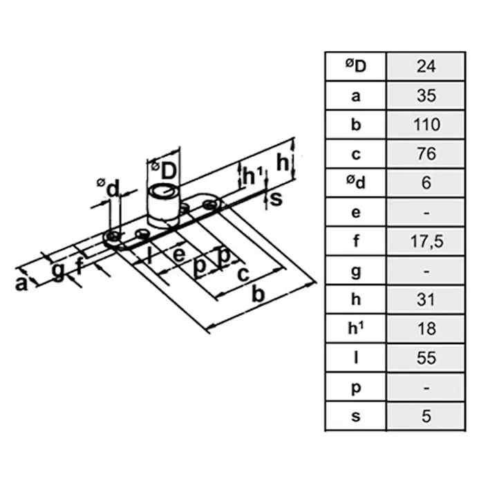 HBS Betz Führungsrolle Typ 30 und 40 - Stahl, 110 x 35 x 31 mm, Traglast: 400 kg - Eine schematische Darstellung eines Beschlags mit Maßen.