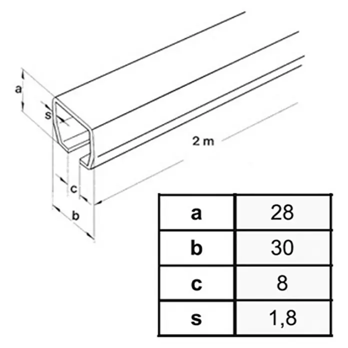 HBS Betz Laufschiene Typ 10 - 200 cm, Traglast: 80 kg, Einsatzbereich: Stallungen - Darstellung eines 2 m langen Führungsprofils mit den Maßen a=28, b=30, c=8 und s=1,8. Ideal für präzise Führungsanwendungen.
