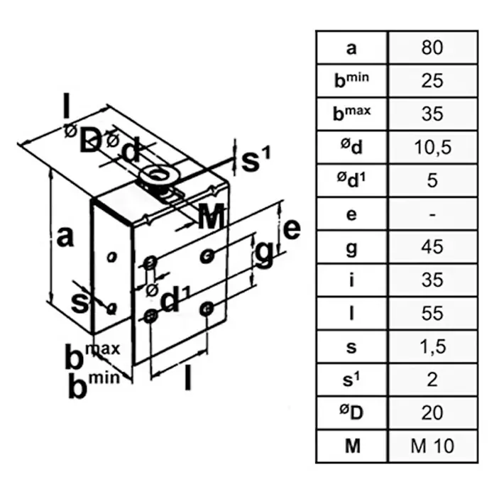 HBS Betz Anschraubplatte Typ 10, verstellbar - Stahl, 80 x 55 x 25 mm - Schematische Darstellung eines Metallkastens mit Schraube und Tabelle mit Maßangaben.