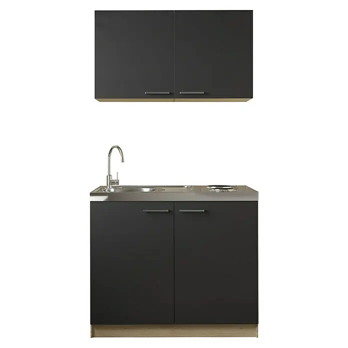 Respekta Merle Miniküche Set 6 - Breite: 100 cm, Schwarz, Edelstahlkochmulde - Küchenschrank mit Spüle und Herd. Der Schrank ist in einem dunklen Farbton gehalten und verfügt über zwei Türen und zwei Hängeschränke.