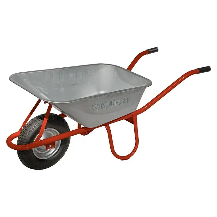 Bauschubkarre "Die Starke" - 100 l, Stahl, Traglast: 200 kg - Eine robuste Schubkarre mit rotem Rahmen und verzinkter Wanne von Bauhaus für Garten- und Bauarbeiten.
