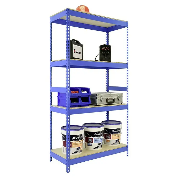 Regalux Estantería para cargas pesadas XXL - Al x An x Pr: 180 x 120 x 50 cm, Número de baldas: 4 ud., Inserción, Azul - Estantería con cinco estantes, cargada con cubos de pintura, caja de herramientas, contenedores azules, máquina de soldar, bidón y casco.