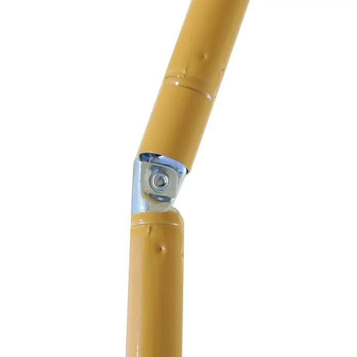 Sunfun Strandschirm - Gelb/Orange, Durchmesser Bespannung: 180 cm - Detailaufnahme eines goldfarbenen Metallrohrs, das mit einem silbernen Gelenk verbunden ist, Fokus auf die Verbindungskonstruktion.