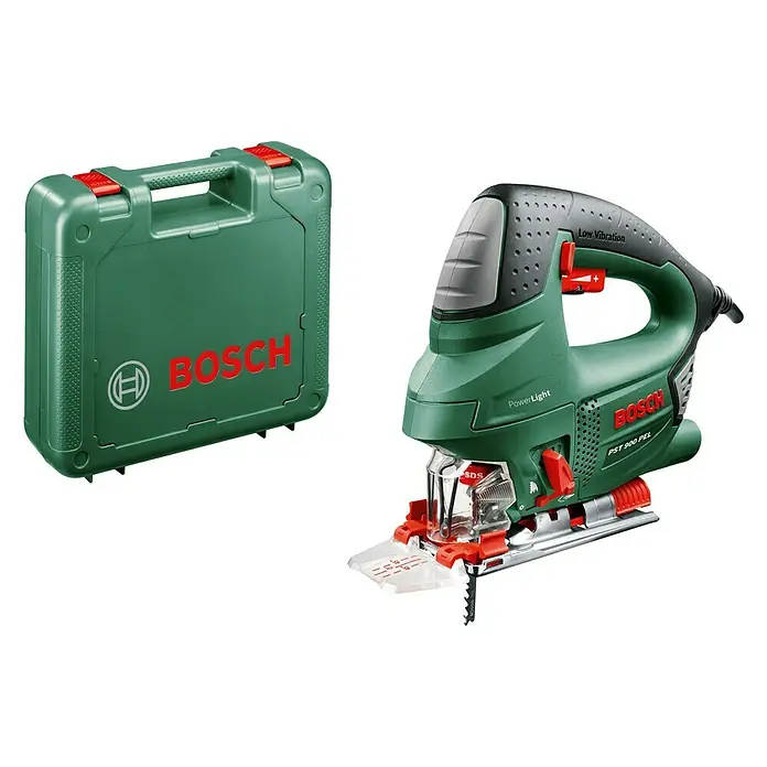 Bosch Elektro-Pendelhubstichsäge PST 900 PEL - 500 /min - 3.100 /min, Max. Schnitttiefe in Holz: 90 mm, Anzahl Pendelhubstufen: 4 Stk. - Abbildung einer grünen Bosch PST 900 PEL Stichsäge mit Zubehörkoffer. Präzises und vibrationsarmes Sägen für Heimwerker.
