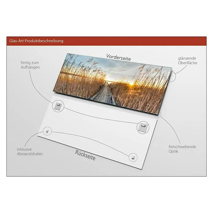 ProArt Glasbild - Way to the Sun, B x H: 125 x 50 cm - Glasbild-Produktbeschreibung mit Vorder- und Rückseite, Aufhängevorrichtung, glänzender Oberfläche und Abstandshaltern für freischwebende Optik.