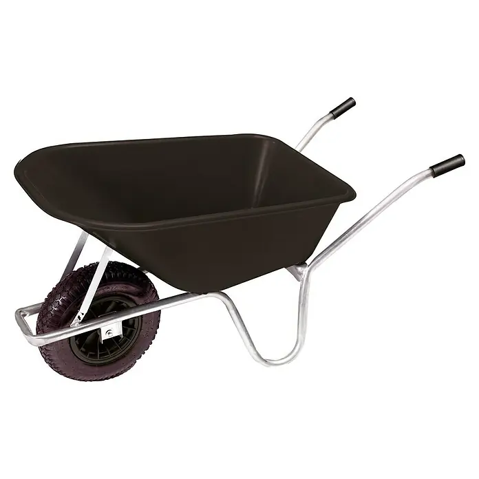 Bauschubkarre "Die Leichte" - 100 l, Traglast: 120 kg, Schwarz/Grau - Schwarze Schubkarre mit silbernem Rahmen und schwarzem Rad, ideal für Gartenarbeit und Bauprojekte. Robuste Konstruktion für den vielseitigen Einsatz.