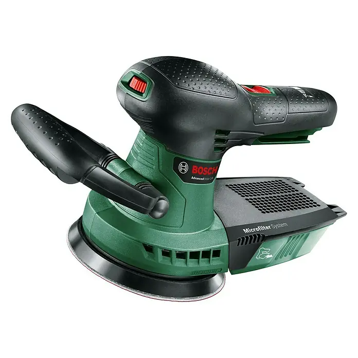 Bosch Power for All 18V Maschinenpaket - Akku-Exzenterschleifer AdvancedOrbit 18 + gratis Starter-Kit - Bild einer grünen Bosch AdvancedOrbit 18 Akku-Exzenterschleifmaschine mit Staubabsaugung für präzises Schleifen.
