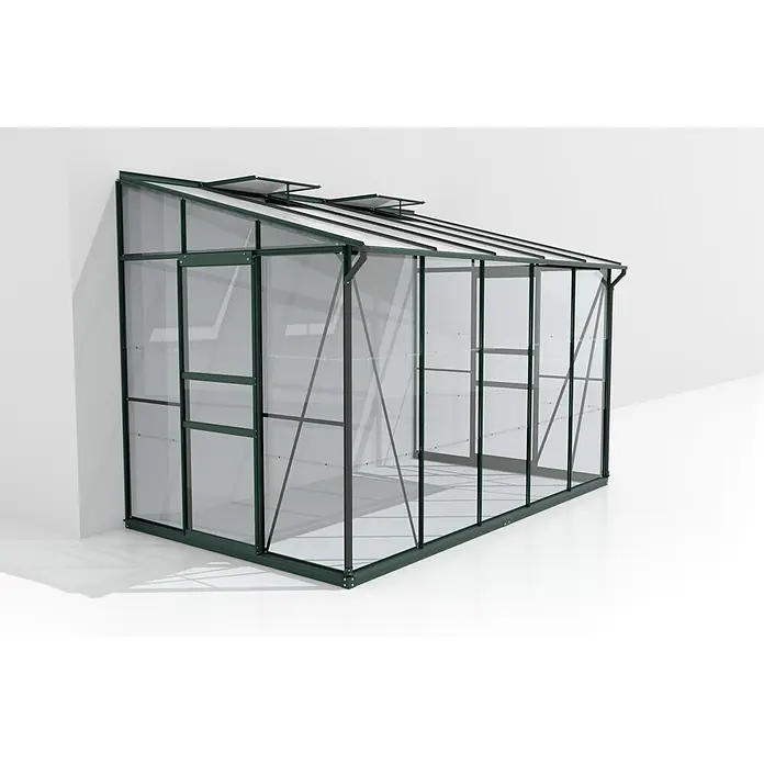 Vitavia Gewächshaus Osiris 6500 - Außenmaß inkl. Dachüberstand (B x T): 324,3 x 201 cm, 3 mm, Smaragd - Das Bild zeigt ein elegantes, dunkelgrünes Anlehngewächshaus mit klaren Glaspaneelen, das sich ideal an eine Hauswand anlehnen lässt.