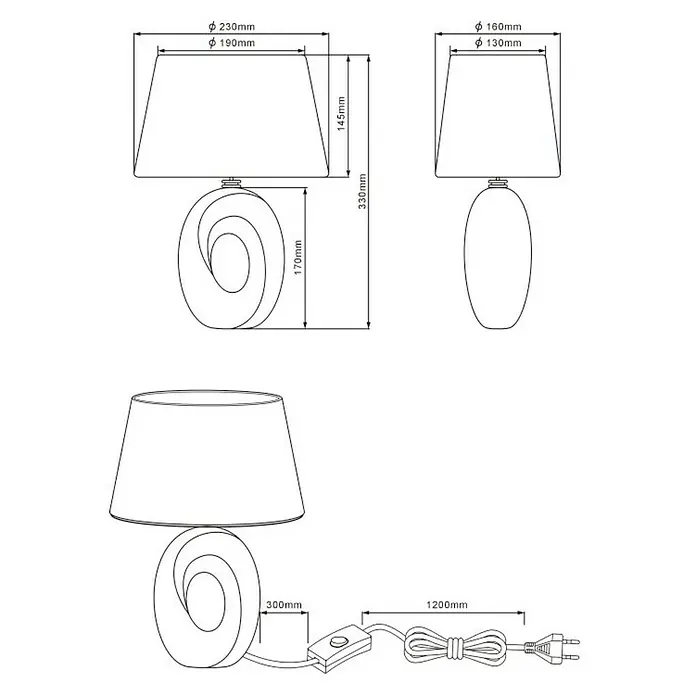 Trio Lighting Lámpara de sobremesa Taba - 40 W, L x An x Al: 23 x 18 x 33 cm, Plateado, E14 - Ilustración de una lámpara de mesa moderna que muestra las dimensiones de la pantalla, la base y la longitud del cable.
