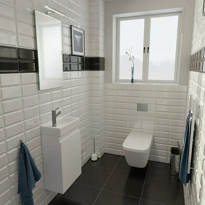Camargue Espacio Waschtischunterschrank - 40 x 22 x 60 cm, Gama weiß matt - Ein modernes Badezimmer mit weißen Fliesen, einem Waschbecken und einem wandhängenden WC, das eine elegante und saubere Ästhetik bietet.