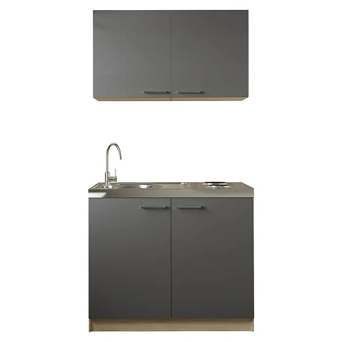Respekta Merle Miniküche Set 6 - Breite: 100 cm, Grau, Edelstahlkochmulde - Graue Küchenschränke mit Edelstahlspüle und Armatur. Ideal für moderne Küchen, bietet Stauraum und Funktionalität.