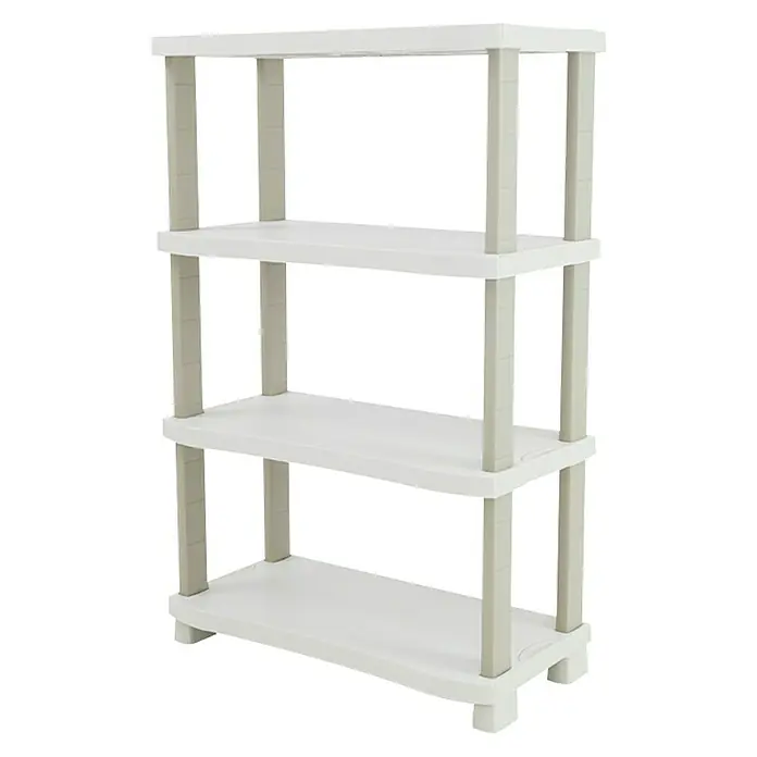 Plastiken Space Saver Estantería de plástico - Al x An x Pr: 141 x 90 x 45 cm, Capacidad de carga por balda: 20 kg, Número de baldas: 4 ud., Inserción, Blanco - La imagen muestra una estantería de plástico gris claro con cuatro niveles, ideal para el almacenamiento. Es ligera, resistente y fácil de montar.