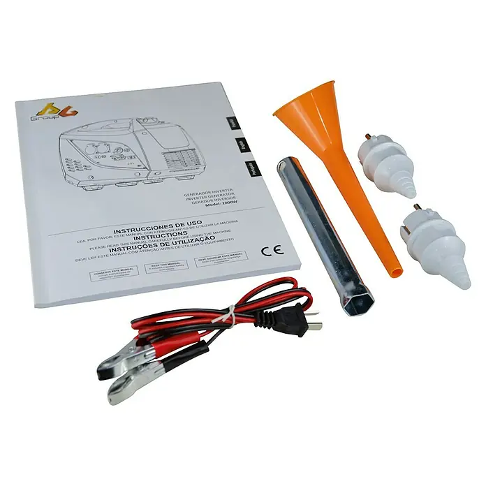 MGA Generador MG3000i con control remoto - 2,8 kW, Volumen del depósito: 6,8 l - Accesorios para generador inversor de 2000W, incluyendo manual, embudo, enchufes, llave inglesa y pinzas de batería.