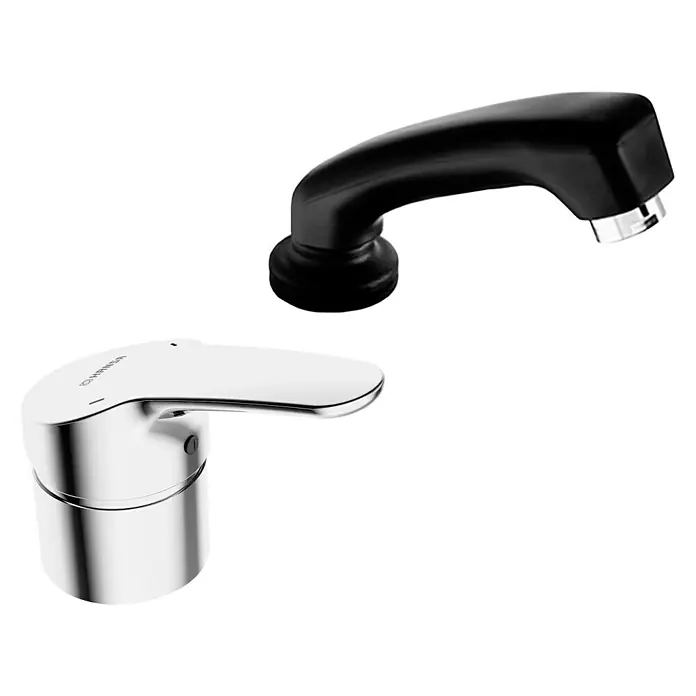 Hansa Mix Waschtischarmatur für Friseur-Waschtische - Schwarz/Chrom, Glänzend - Das Bild zeigt eine moderne Armatur, bestehend aus einem verchromten Hebelmischer und einem separaten schwarzen Auslauf.